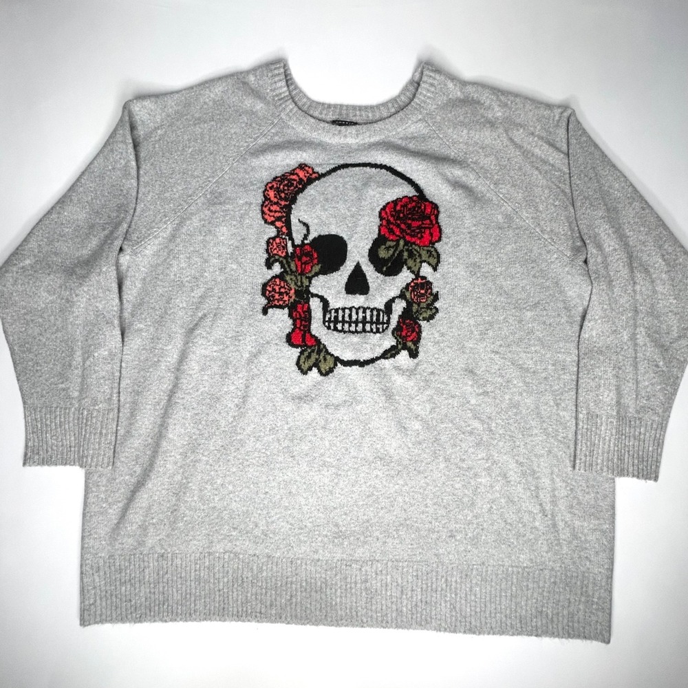 Torrid Womens Sweater Plus Size 4 Gray Skull Red Roses Gothic Intarsia Knit